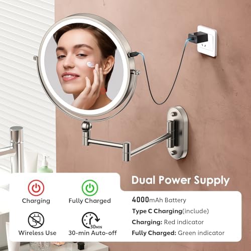ZLOKLA 9" Wall Mounted Lighted Makeup Mirror,4000mAh Rechargeable Double Sided 1X/20X Magnifying Mirror with Light,Touch Dimmable,Extended Arm 360 Rotation Wall Mounted Makeup Mirror 3 Color Lights-N