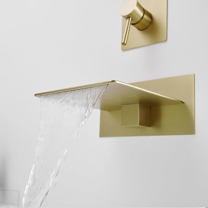 BWE Brushed Gold Wall Mount Tub Faucet with Waterfall Tub Spout Wall Mounted Bathtub Faucet Modern Single Handle Tub Filler Shower Faucet Set