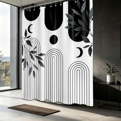 Mid Century Modern White and Black Shower Curtain Bohemian MCM Black and White Shower Curtains for Mens Bathroom Decor, Boho Minimalist Pattern, Waterproof Cloth Fabric with Hooks 70x72 in