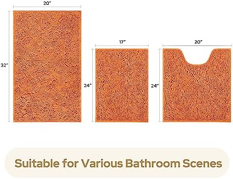 HOMEIDEAS Orange Chenille Bathroom Rugs Set of 3, Non Slip Bath Mat