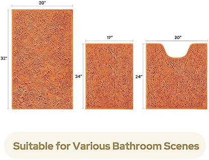 HOMEIDEAS Orange Chenille Bathroom Rugs Set of 3, Non Slip Bath Mat