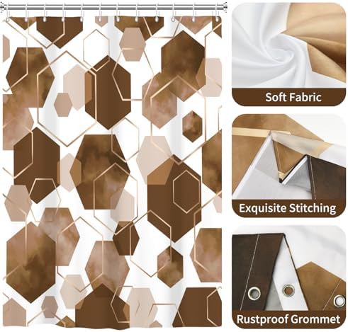 deFouliao Brown Modern Shower Curtain Geometric Grid Art Abstract Waterproof Bathroom Curtain for Bathtub Home Hotel Decor, Washable with Hooks, 60x72 Inch