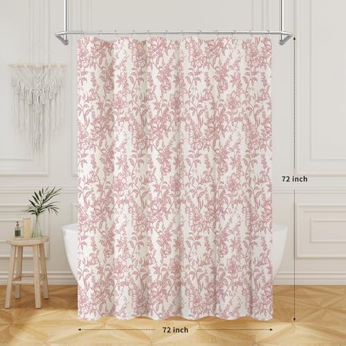 Pink Boho Linen Fabric Shower Curtain , Farmhouse Floral For Bathroom