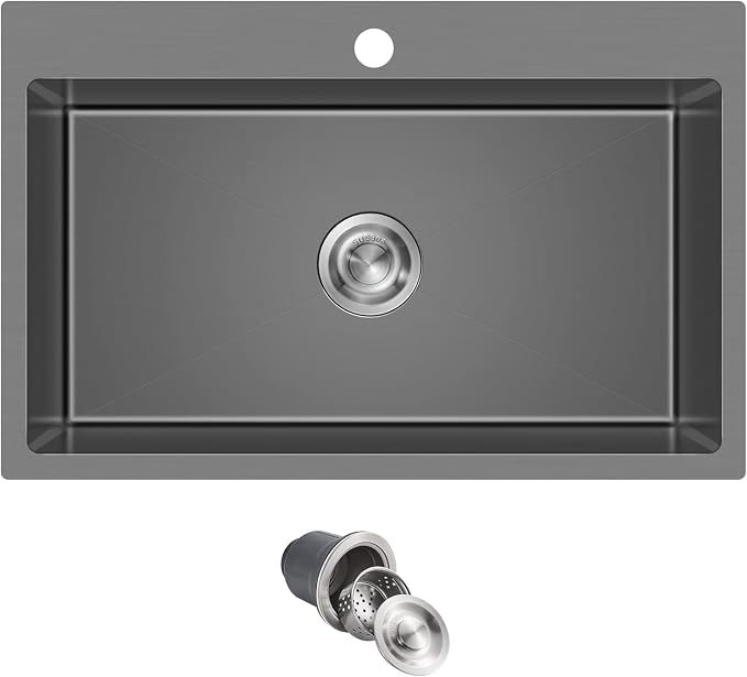 28"x18" Drop in Single Bowl Kitchen Sink SUS304 Black Steel 9" Deep | 28 inch Black Drop-in Sink | SUS304 SS | Topmount | 9" deep | Single bowl | Family Kitchen/Prep | Large Capacity
