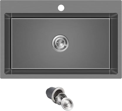 28"x18" Drop in Single Bowl Kitchen Sink SUS304 Black Steel 9" Deep | 28 inch Black Drop-in Sink | SUS304 SS | Topmount | 9" deep | Single bowl | Family Kitchen/Prep | Large Capacity