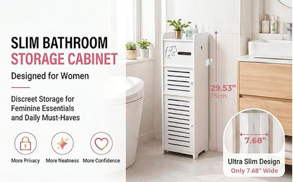 BorealBear Slim Bathroom Storage Cabinet with Louvered Doors for Women, Narrow Freestanding Floor Cabinet to Store Pads Tampons Toiletries, 3-Tier Large Moisture-Resistant Organizer Small Space