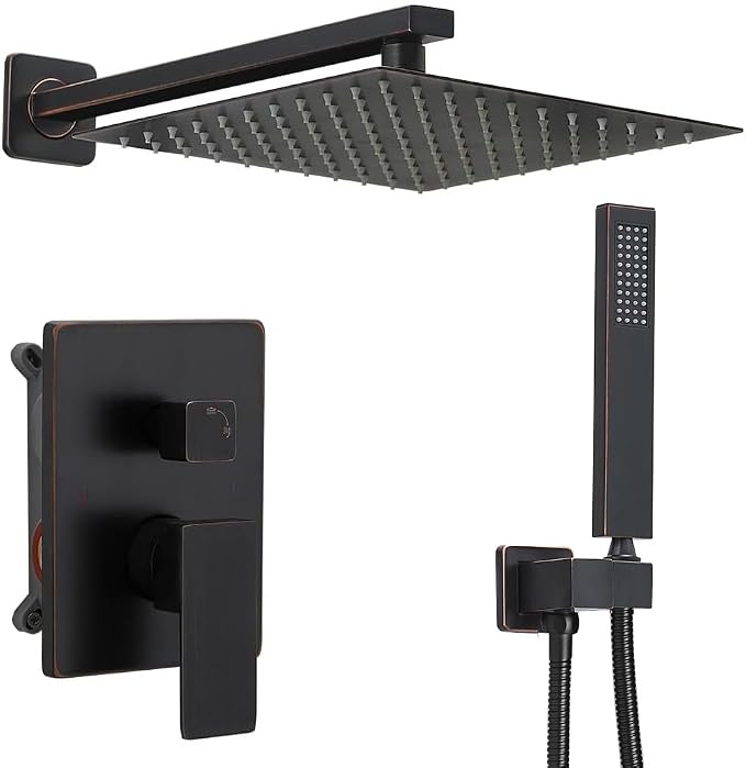 Oil Rubbed Bronze rain Shower Faucet Set Shower System 10 Inches Square Shower Head with Handheld, Waterfall Showerhead, All Metal Shower Faucet Trim Repair Kits (Contain Shower Valve)