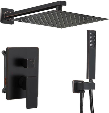 Oil Rubbed Bronze rain Shower Faucet Set Shower System 10 Inches Square Shower Head with Handheld, Waterfall Showerhead, All Metal Shower Faucet Trim Repair Kits (Contain Shower Valve)
