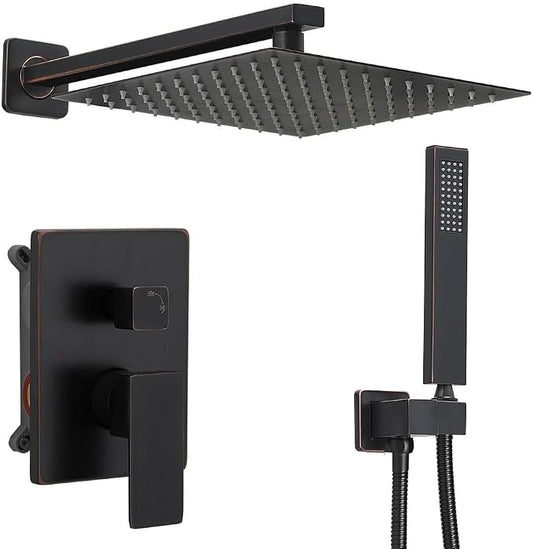 Oil Rubbed Bronze rain Shower Faucet Set Shower System 10 Inches Square Shower Head with Handheld, Waterfall Showerhead, All Metal Shower Faucet Trim Repair Kits (Contain Shower Valve)