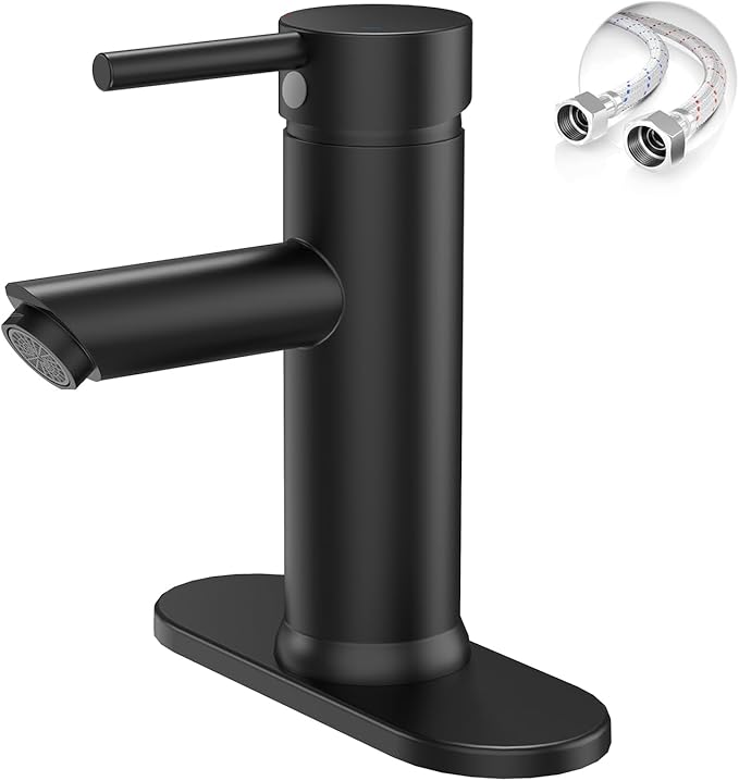 Bathroom Faucet for 1 or 3 Holes, Brass, Matte Black | Single Handle Bathroom Sink Faucets, Modern Commercial Lavatory Vanity Faucets, with Deck Plate and Supply Line, No Drain