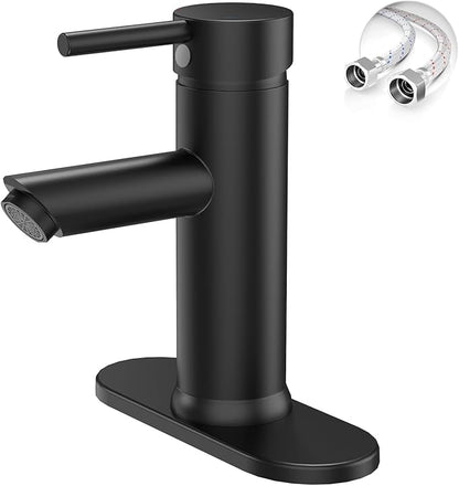 Bathroom Faucet for 1 or 3 Holes, Brass, Matte Black | Single Handle Bathroom Sink Faucets, Modern Commercial Lavatory Vanity Faucets, with Deck Plate and Supply Line, No Drain