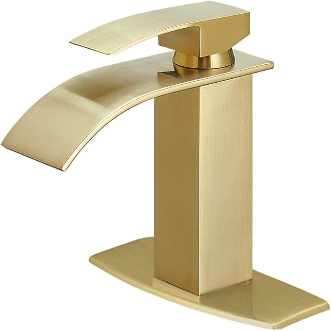 BESy Waterfall Spout Bathroom Faucet, Single Handle Bathroom Sink Faucets, Rv Vessel Faucet Basin Mixer Tap with Deck Plate, cUPC Waterlines, Brushed Gold