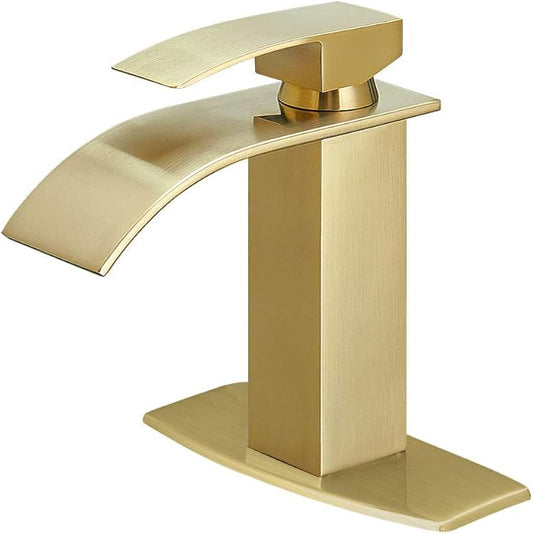 BESy Waterfall Spout Bathroom Faucet, Single Handle Bathroom Sink Faucets, Rv Vessel Faucet Basin Mixer Tap with Deck Plate, cUPC Waterlines, Brushed Gold