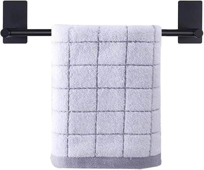 NearMoon Self Adhesive Bathroom Towel Bar- Stainless Steel Bath Wall Shelf Rack Hanging Towel Stick On Sticky Hanger Contemporary Style, NO Drilling (1 Pack, Matte Black, 12-Inch Towel Rack)