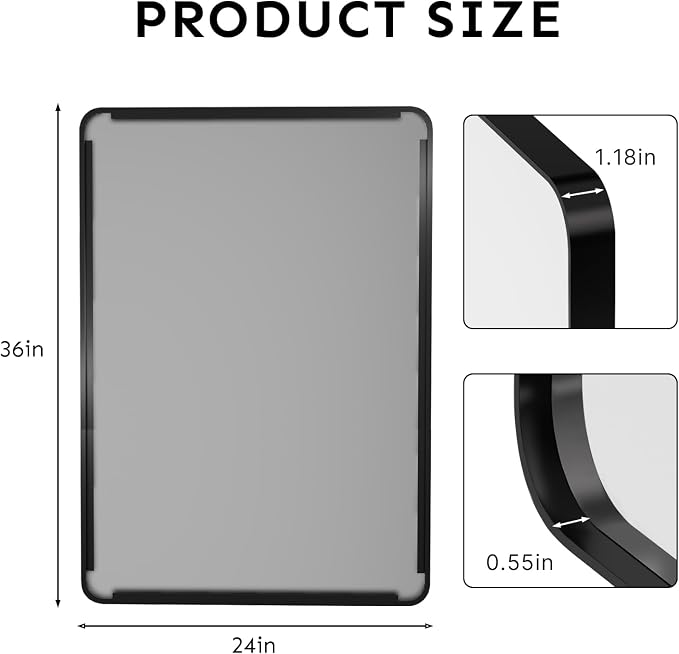 36"x24" Bathroom Vanity Mirror for Wall Aluminum Framed Farmhouse Rectangle | Anti-Rust, HD Reflection Anti-Desilvering, Distortion Free, Tempered and Shatter-Proof Wall Mounted Mirror, Black