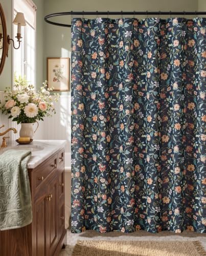 jinchan Linen Shower Curtain for Bathroom with 12 Hooks,Blue,70x72