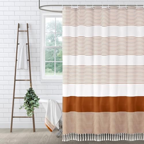 Boho Orange Fall Cotton Striped Shower Curtain with Tassel 72"W X 72"L