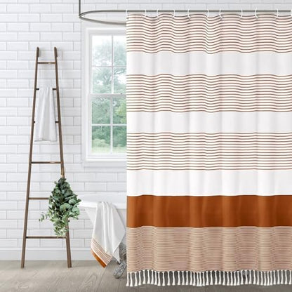 Boho Orange Fall Cotton Striped Shower Curtain with Tassel 72"W X 72"L
