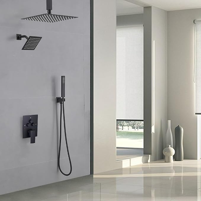 Shower Faucet Set Matte Black 10 Inch Ceiling Mount Rainfall Shower System with 2 Rain Shower Head and Handheld Head Push Button Diverter Shower Trim Kit and Rough-in Valve Body