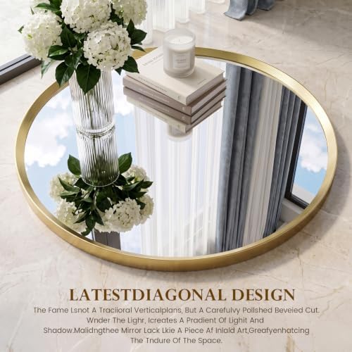 36 inch Brushed Gold Round Bathroom Mirror,Large Circle Mirror