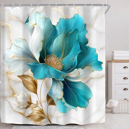 Teal Gold Marble Floral Abstract Turquoise Art Bathroom Shower Curtain Set