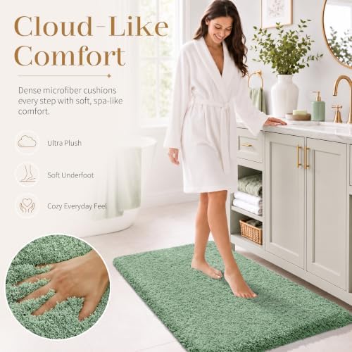 Yimobra Fluffy Plush Bath Rug, Super Shaggy Soft Comfortable Non Slip, Water Absorbent Microfiber Bath Mat, Dries Quickly, Machine Washable Thick Bathroom Rugs for Shower, 56" X 24", Pure Light Green