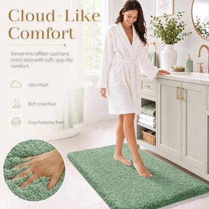 Yimobra Fluffy Plush Bath Rug, Super Shaggy Soft Comfortable Non Slip, Water Absorbent Microfiber Bath Mat, Dries Quickly, Machine Washable Thick Bathroom Rugs for Shower, 56" X 24", Pure Light Green