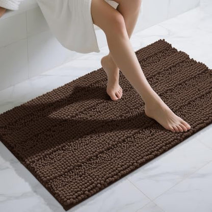 Yimobra Bathroom Rug Mat 47 x 24, Non Slip and Super Absorbent Bath Mat,Machine Washable Quick Dry,Ultra Plush Chenille Shower Rugs for Bathroom Floor Sink Tub and Shower Outside,Brown