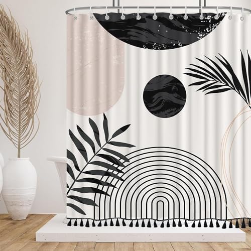 Boho Mid Century Leaf Shower Curtain Set,Arch Sun Design,Minimalistic Leaves Pattern,Waterproof and Luxurious Fabric-12 Hooks(Black and White-72" x 96")