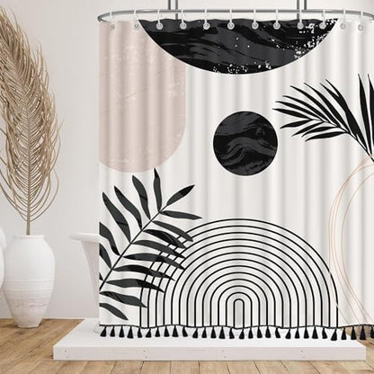 Boho Mid Century Leaf Shower Curtain Set,Arch Sun Design,Minimalistic Leaves Pattern,Waterproof and Luxurious Fabric-12 Hooks(Black and White-72" x 96")