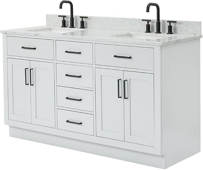 ARIEL Hepburn 60-inch Bathroom Vanity with Sink,Solid Wood, 0.75-inch Italian Carrara Marble Countertop, Double Rectangular Porcelain Sink, 4 Soft Closing Doors, 6 Dovetail Drawers, Grey