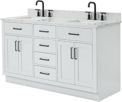 ARIEL Hepburn 60-inch Bathroom Vanity with Sink,Solid Wood, 0.75-inch Italian Carrara Marble Countertop, Double Rectangular Porcelain Sink, 4 Soft Closing Doors, 6 Dovetail Drawers, Grey