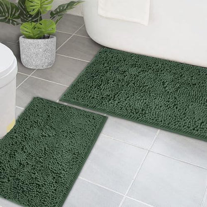 Bathroom Rugs Chenille Bath mat 2 Piece Set, Super Absorbent, PVC Non Slip Backing, Bath mats for Bathroom, Plush Shaggy, Thick, Machine Washable, Bathtub, Shower, Toilet.(Deep Green)