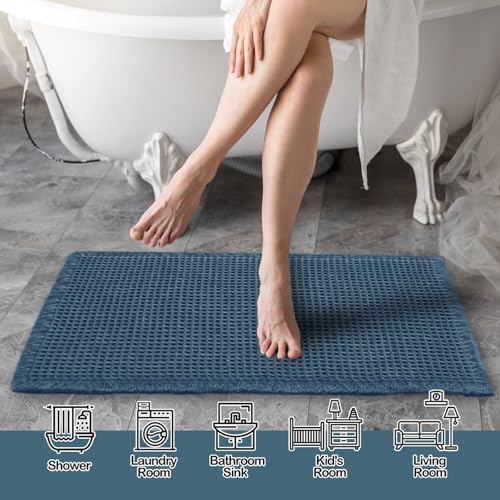 ZALL Blue Waffle Bath Mat,Super Absorbent Non Slip Bathroom Rug, 24x36inch, Machine Washable Ultra Soft Floor Mats
