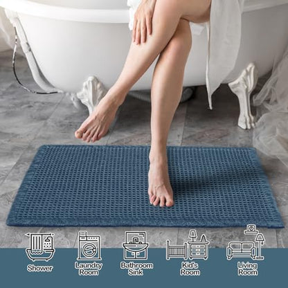 ZALL Blue Waffle Bath Mat,Super Absorbent Non Slip Bathroom Rug, 24x36inch, Machine Washable Ultra Soft Floor Mats