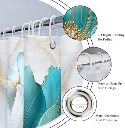 Teal Gold Marble Floral Turquoise Abstract Art Bathroom Shower Curtain Set