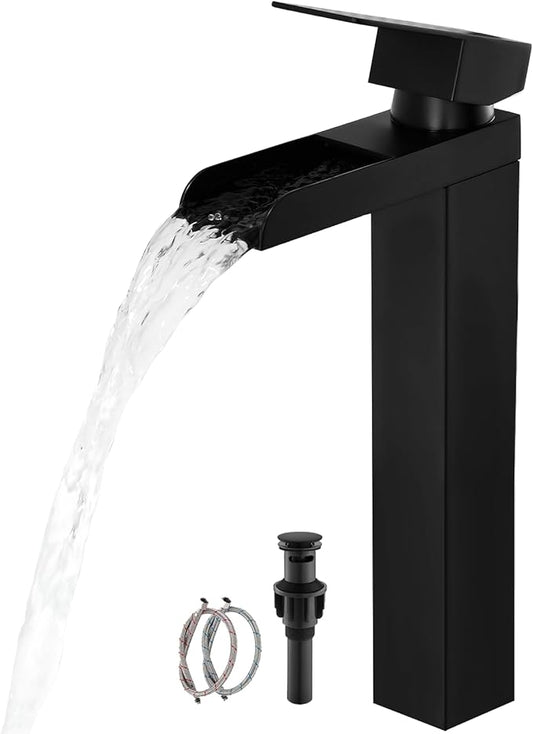 Black Tall Waterfall Bathroom Faucet, Single Hanlde Vessel Sink Faucet with Waterfall Spout, Bathroom Faucets for 1 Hole, RV Lavatory Vanity Mixer Bar Tap with Pop Up Drain and Hoses KMBF015B