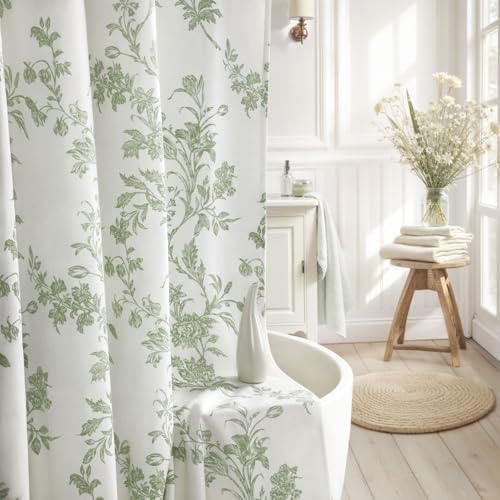 Sage Green Floral Shower Curtain,Vintage Cotton Cottagecore Shower Curtains for Bathroom, 72" W x 72" L