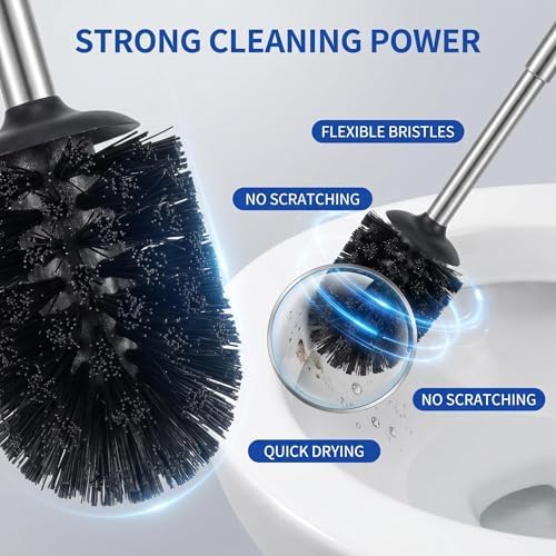 SUS304 Stainless Steel Toilet Brush and Holder Hard Bristles Bathroom Brush Head Toilet Cleaner for Bowl Bathroom Cleaning Brush Caddy with Oily Coating Brushed Chrome
