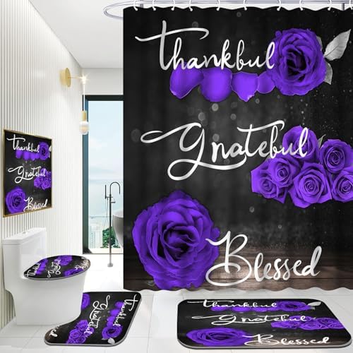 Onalasyc 4Pcs Purple Rose Floral Shower Curtain with Rugs Set