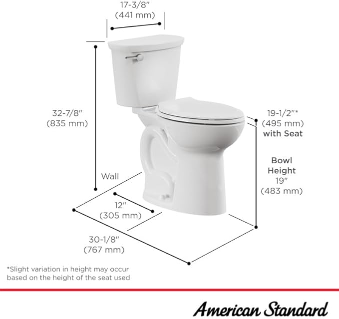 American Standard 215TA104.020 Cadet PRO Two-Piece Toilet, Seat not Included, Extra Tall Height, Left-Hand Trip Lever, 12-Inch Rough, Elongated Front, White, 1.28 GPF
