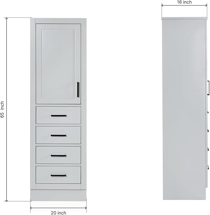 ARIEL Hepburn Bathroom Storage Cabinet - Solid Hevea Wood and Fully Assembled for Long-Lasting Durability and Sophisticated Finish, Freestanding Linen Bathroom Cabinet - 65”H x 20”W x 16”D, Grey