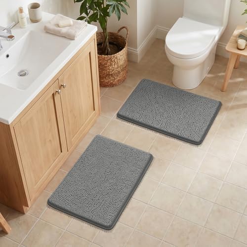 Bcoimo Bath Rug Mat Sets, 2 Piece Extra Soft Chenille Gray Bathroom Mat Set