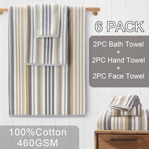 VOOVA & MOVAS Striped Towels 6 Pack, 100% Cotton, Gray Beige