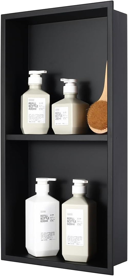 24 x 12 in Recessed Shower Niche with Double Shelves, Matte Black Stainless Steel Wall Insert, No Tile Needed, Leakproof Built-in Storage for Bathroom, Kitchen