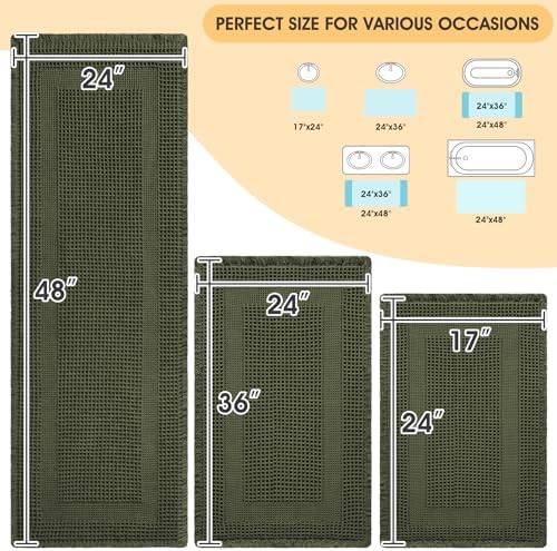 Waffle Bath Mat Set 3 Piece, Boho Woven Modern Bath Rug Absorbent Non Slip, Soft Bathroom Mats, Machine Washable Knit Bath Rugs with Tassels for Bathroom, Bedroom, Kitchen, Shower, Tub, Dark Green