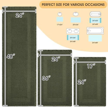 Waffle Bath Mat Set 3 Piece, Boho Woven Modern Bath Rug Absorbent Non Slip, Soft Bathroom Mats, Machine Washable Knit Bath Rugs with Tassels for Bathroom, Bedroom, Kitchen, Shower, Tub, Dark Green