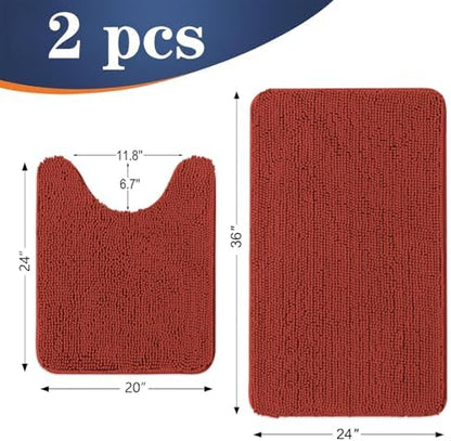 OLANLY Chenille Bathroom Rugs Mats Sets 2 Piece, 36"x24"+24"x20", Red