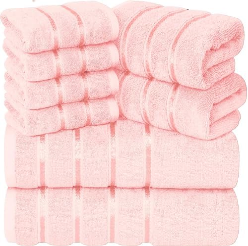 Luxury Pink Towel Set of 8-2 Bath Towels 2 Hand Towels 4 Washcloths - 600 GSM 100% Cotton Ring Spun Viscose Border Towels Set - Light Pink