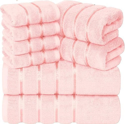 Luxury Pink Towel Set of 8-2 Bath Towels 2 Hand Towels 4 Washcloths - 600 GSM 100% Cotton Ring Spun Viscose Border Towels Set - Light Pink